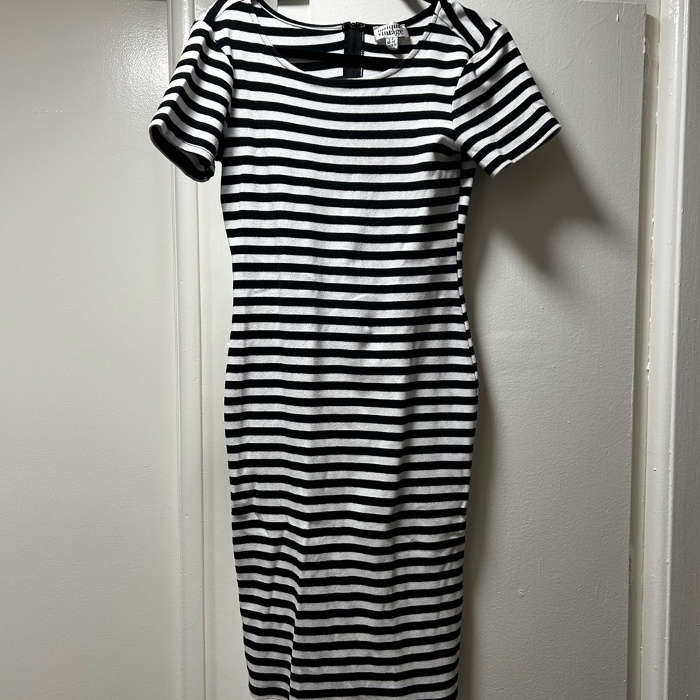 Unique Vintage Black and White Striped Midi Dress